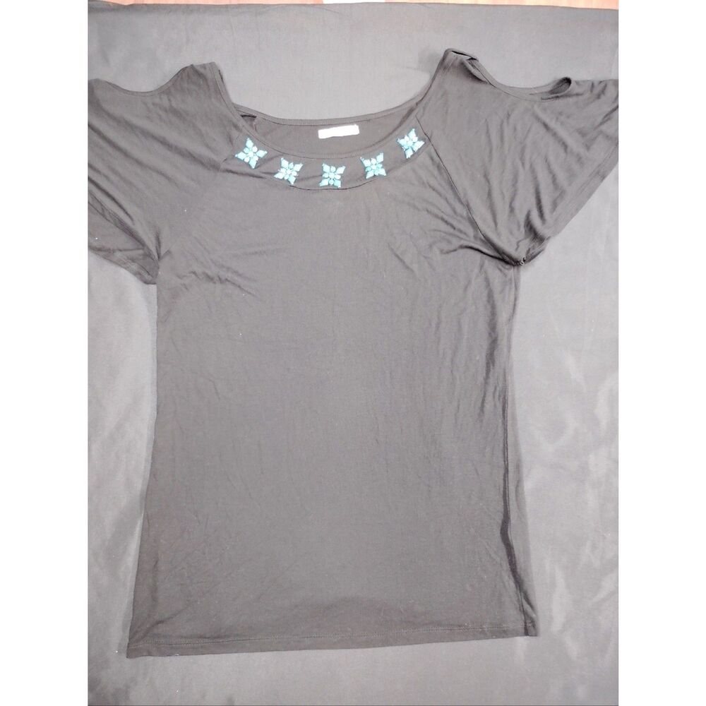 Women's Black Short-Sleeve Tee with Turquoise Bead Embellishment